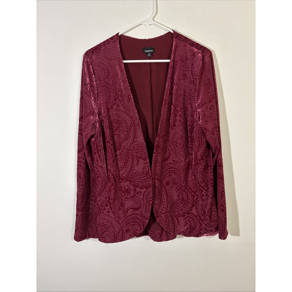 Torrid Burgundy Velvet Burnout Open Front Jacket Whimsygoth Romantic Large 0